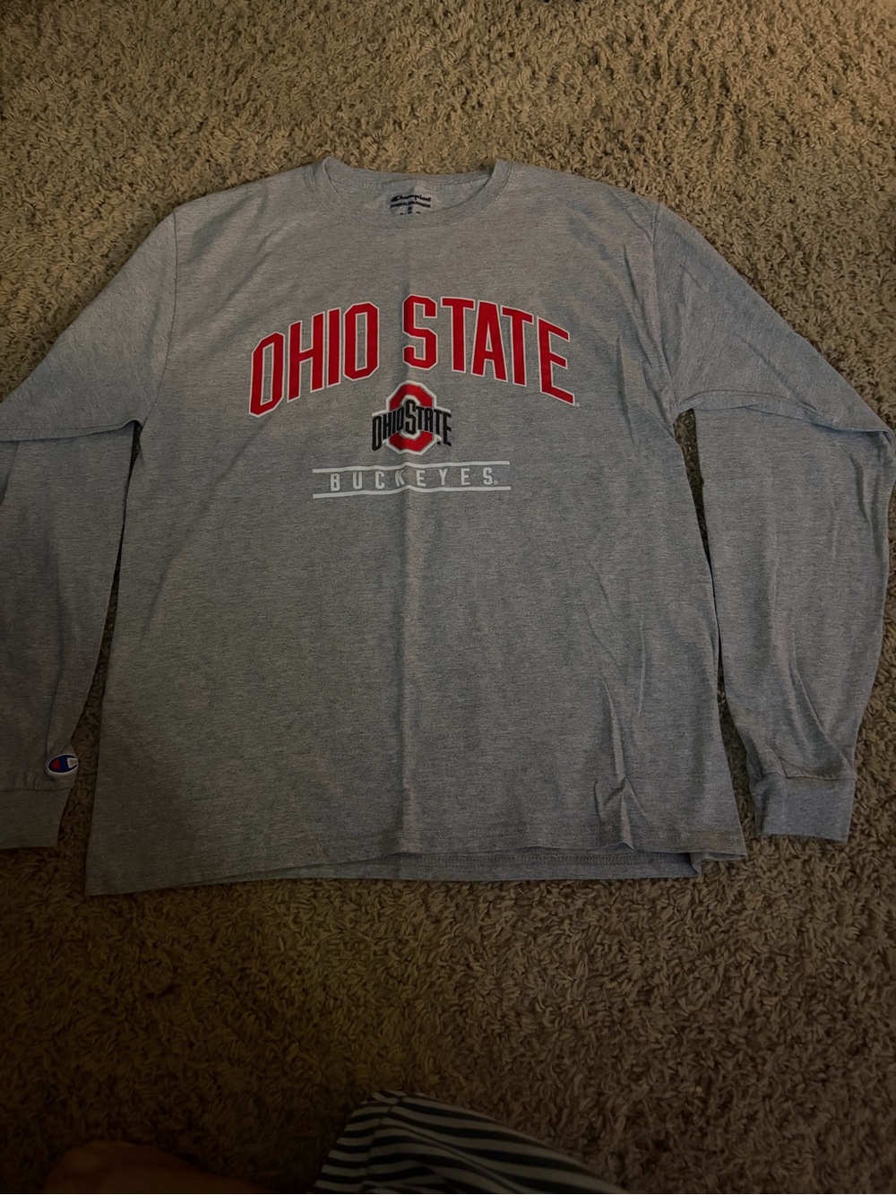 Champion Gray Long-Sleeve Ohio State Tee with Red Logo